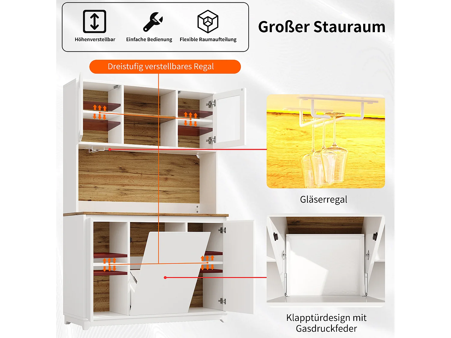 Großer Küchenschrank / Vitrinenschrank 120x40x180 cm - mit Acryl-Türen, LED-Beleuchtung - Weiß