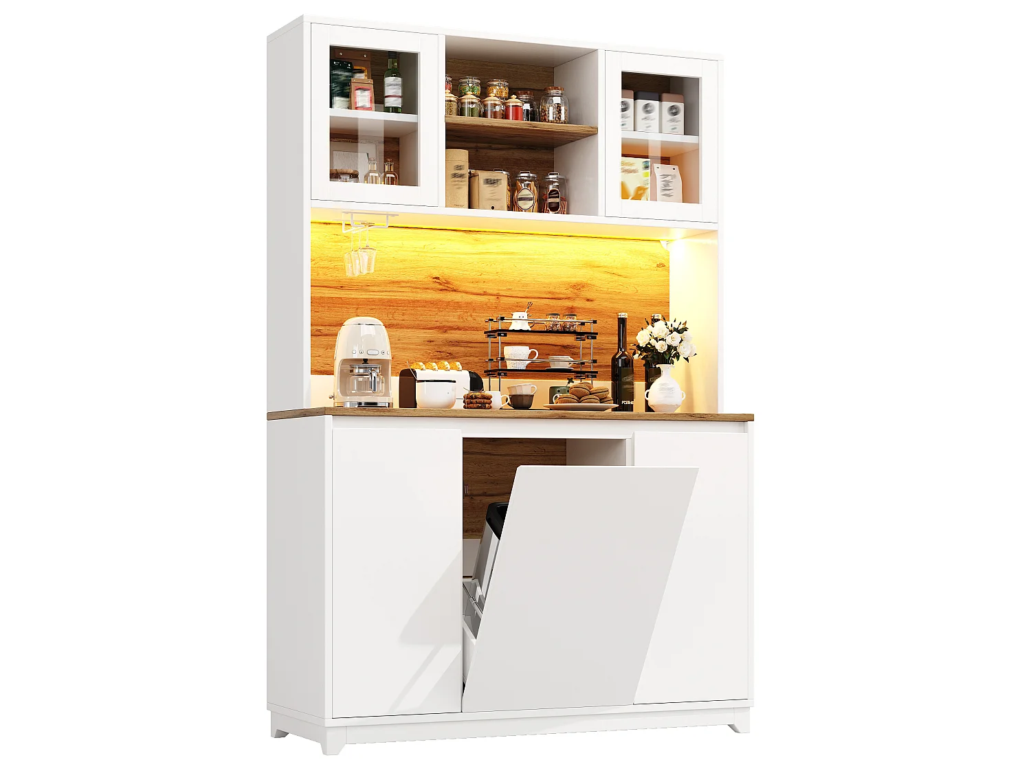 Großer Küchenschrank / Vitrinenschrank 120x40x180 cm - mit Acryl-Türen, LED-Beleuchtung - Weiß