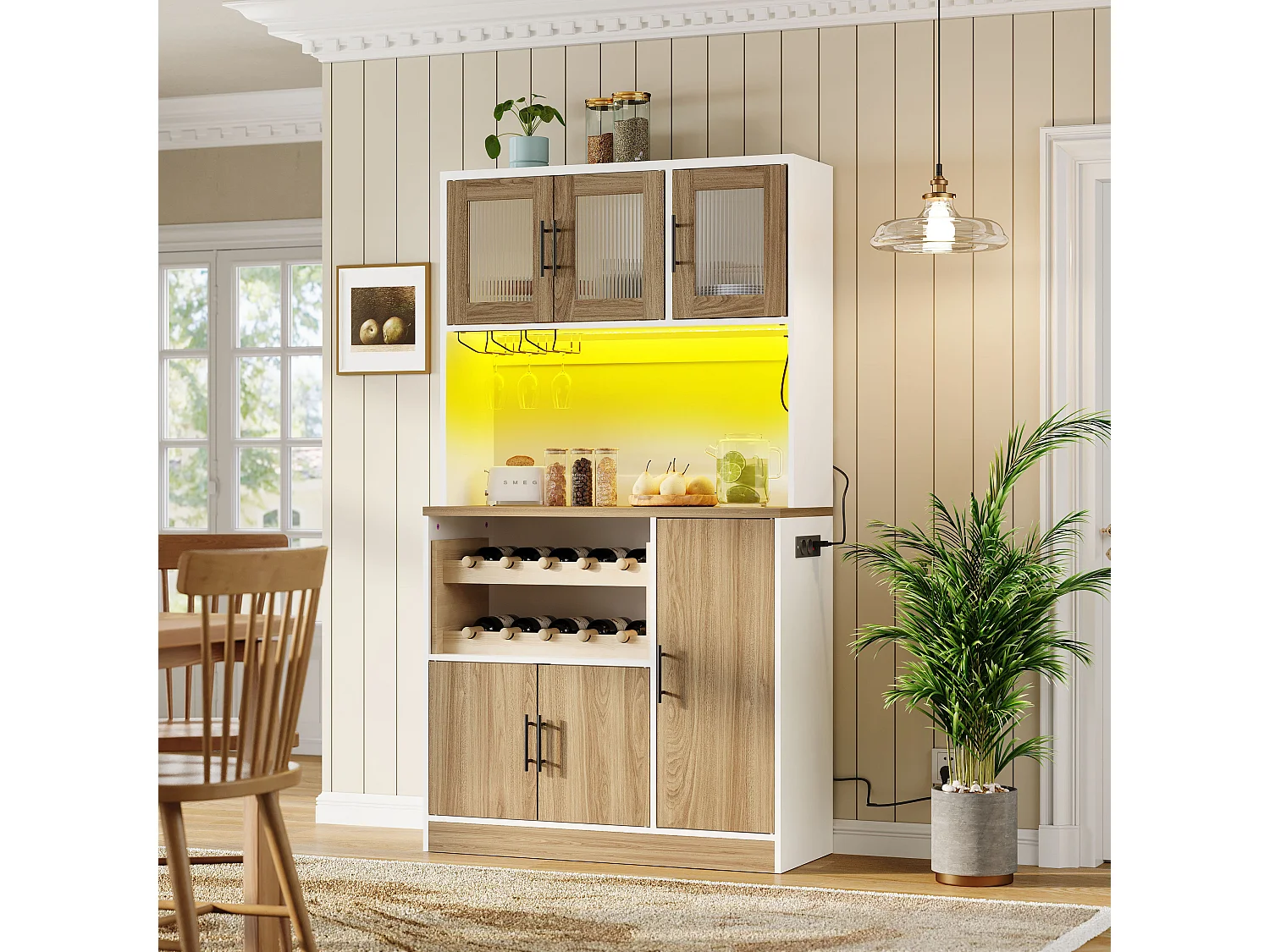 Buffet de cuisine avec LED, prise électrique et casier à vin 100 x 40 x 180 cm - Bois et blanc