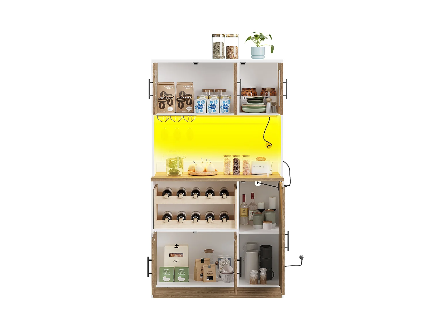 Buffet de cuisine avec LED, prise électrique et casier à vin 100 x 40 x 180 cm - Bois et blanc