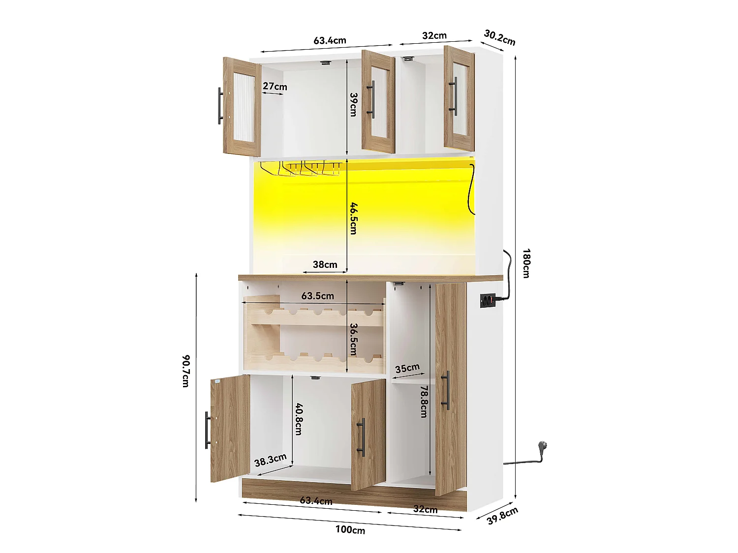 Buffet de cuisine avec LED, prise électrique et casier à vin 100 x 40 x 180 cm - Bois et blanc