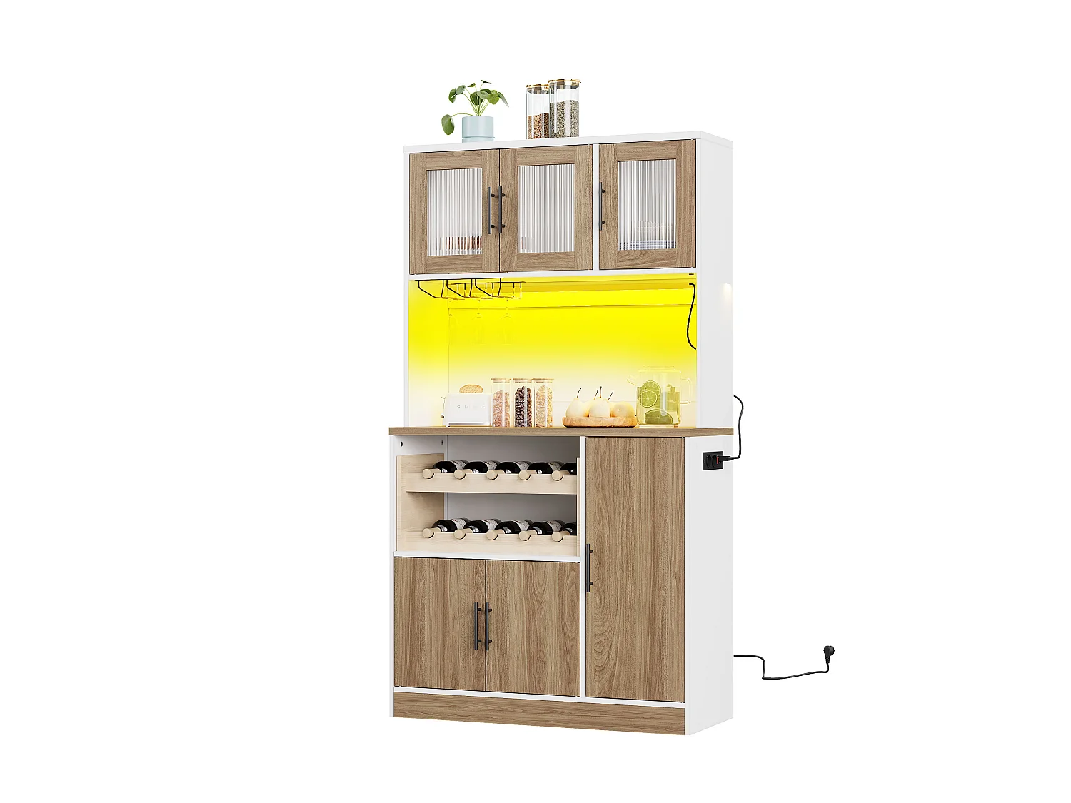 Buffet de cuisine avec LED, prise électrique et casier à vin 100 x 40 x 180 cm - Bois et blanc