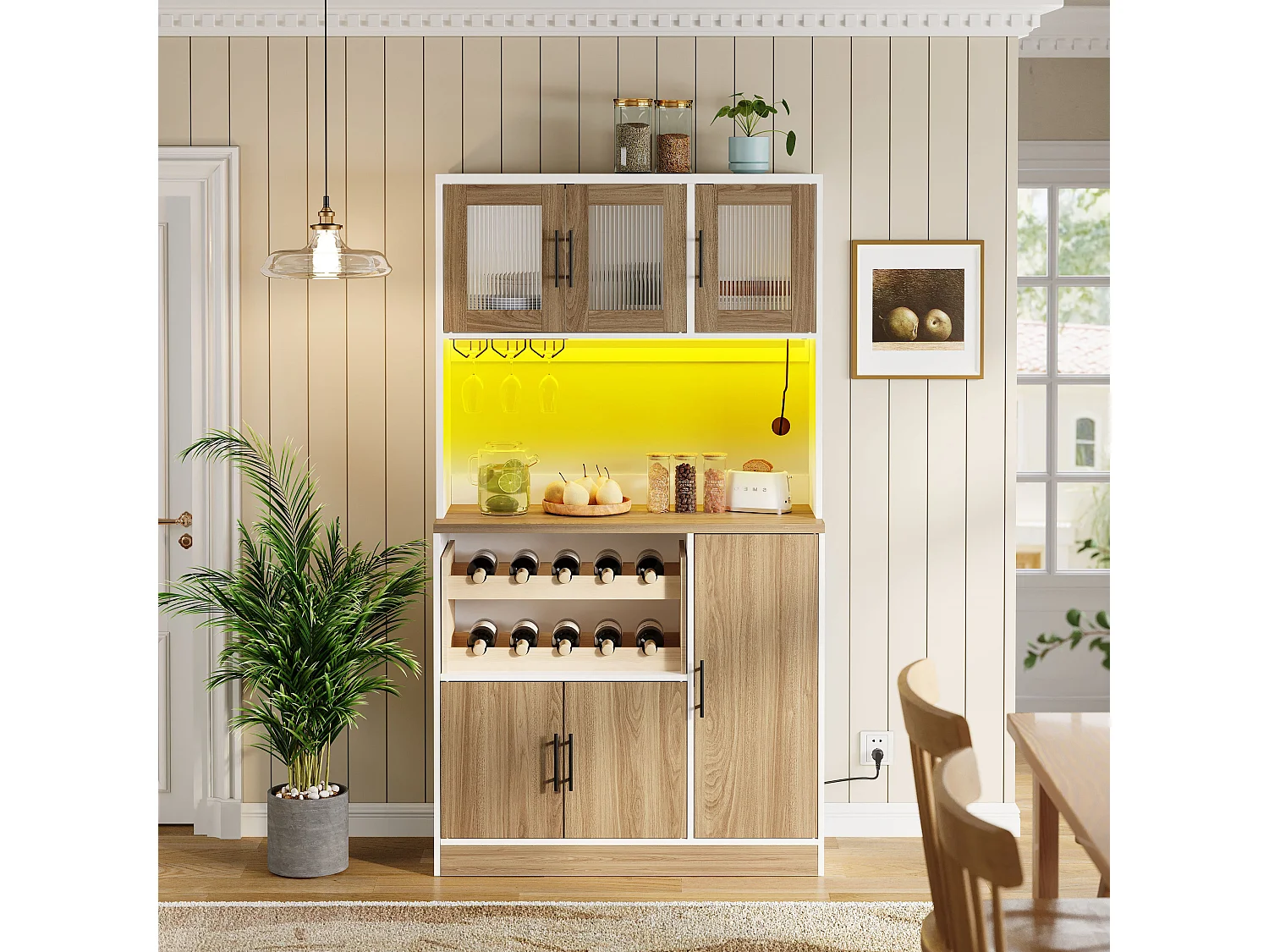 Buffet de cuisine avec LED, prise électrique et casier à vin 100 x 40 x 180 cm - Bois et blanc
