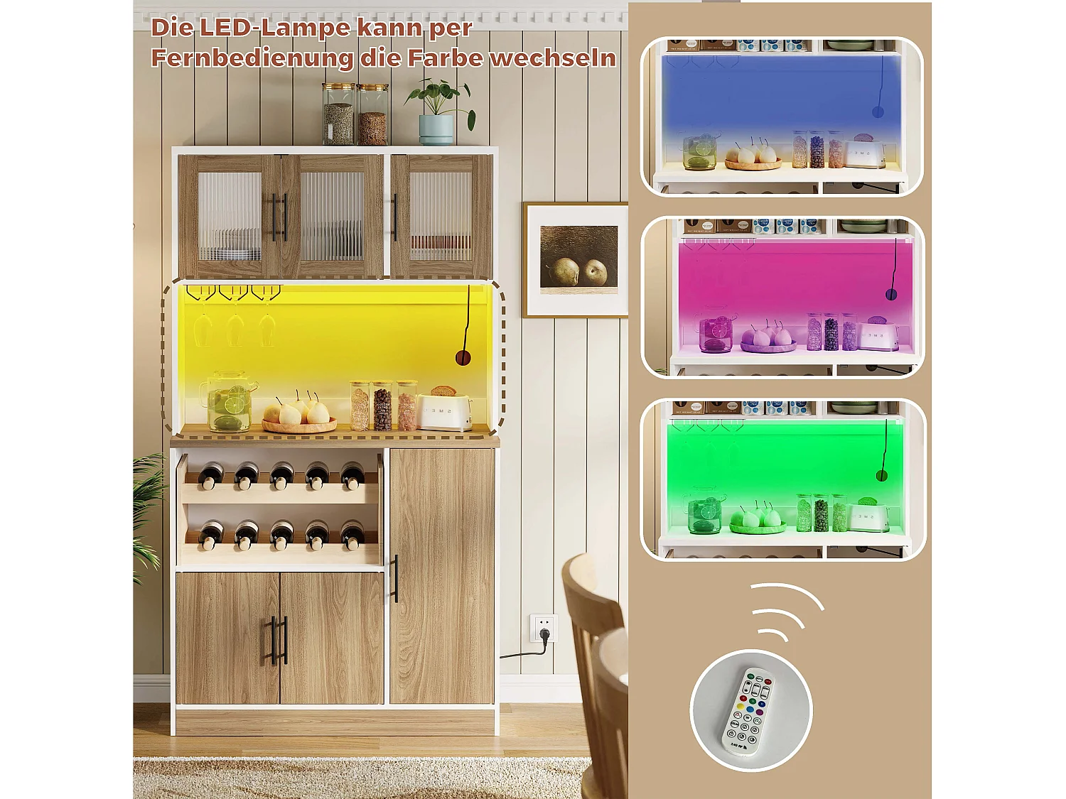 Buffet de cuisine avec LED, prise électrique et casier à vin 100 x 40 x 180 cm - Bois et blanc