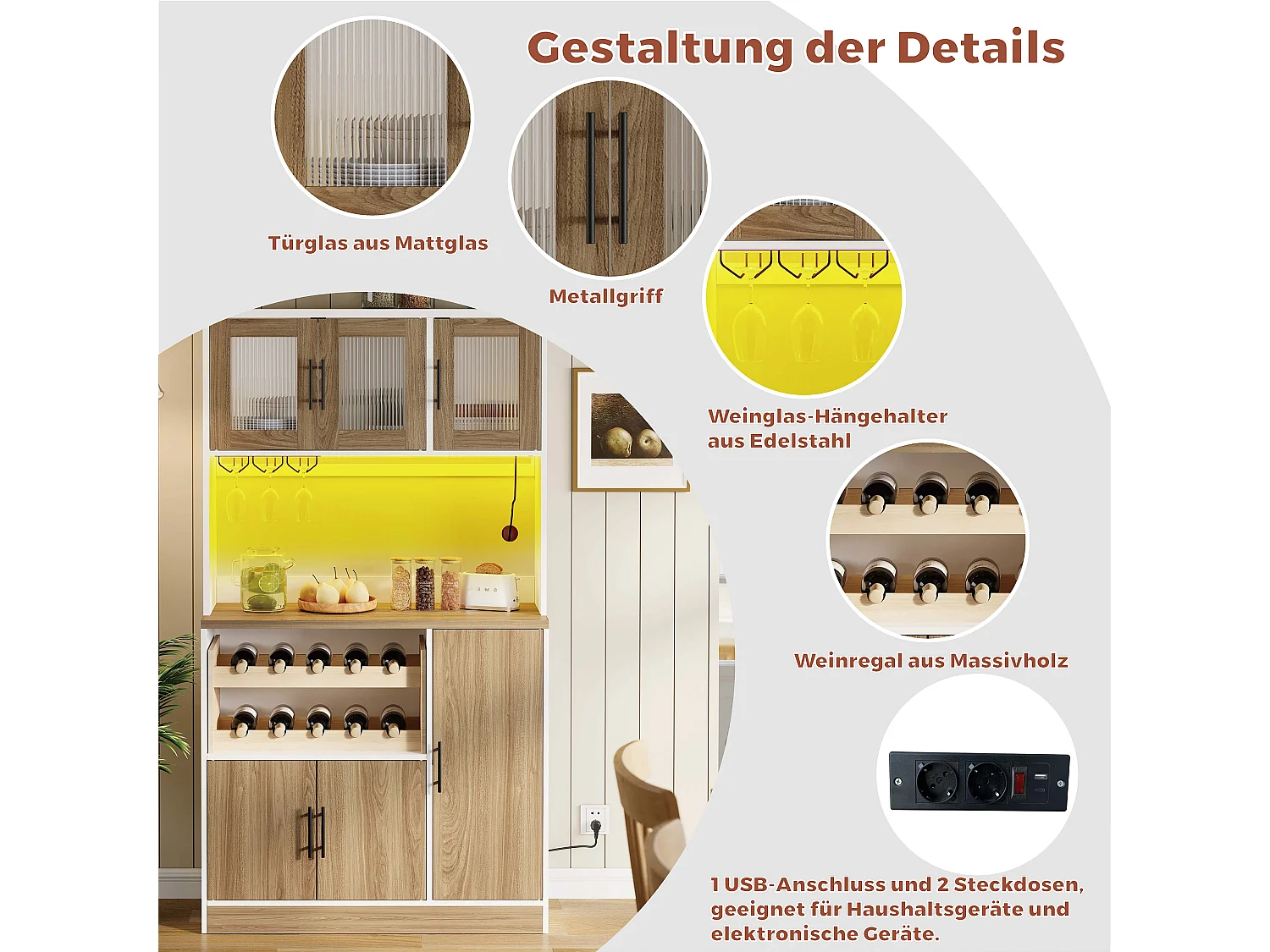 Buffet de cuisine avec LED, prise électrique et casier à vin 100 x 40 x 180 cm - Bois et blanc