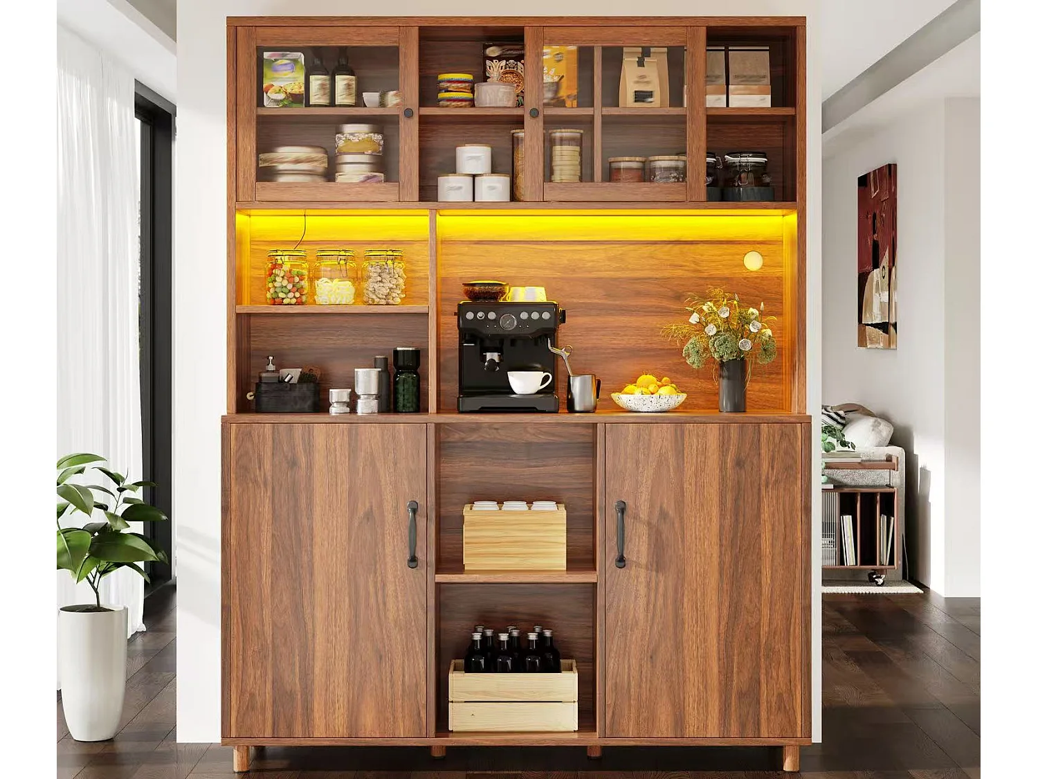 Szafka kuchenna wysoka 120x40x185cm - 2 fronty - z oświetleniem LED - mebel wysoki - buffet uniwersalny - ​​Brązowy​