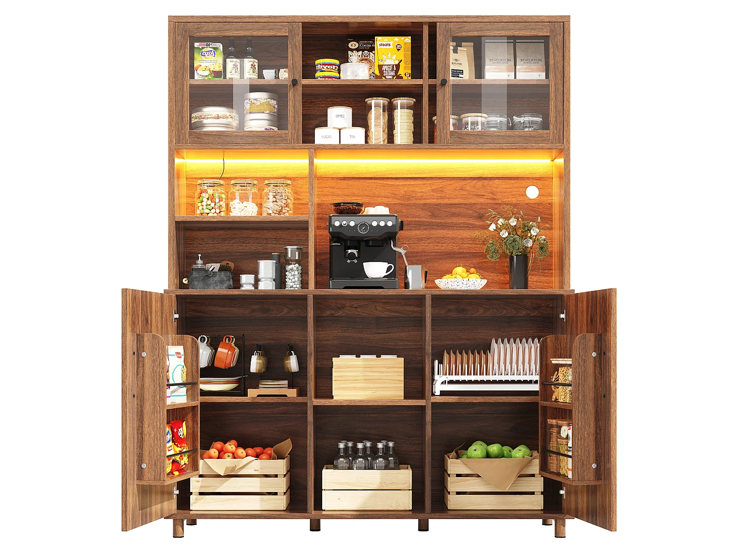 Szafka kuchenna wysoka 120x40x185cm - 2 fronty - z oświetleniem LED - mebel wysoki - buffet uniwersalny - ​​Brązowy​