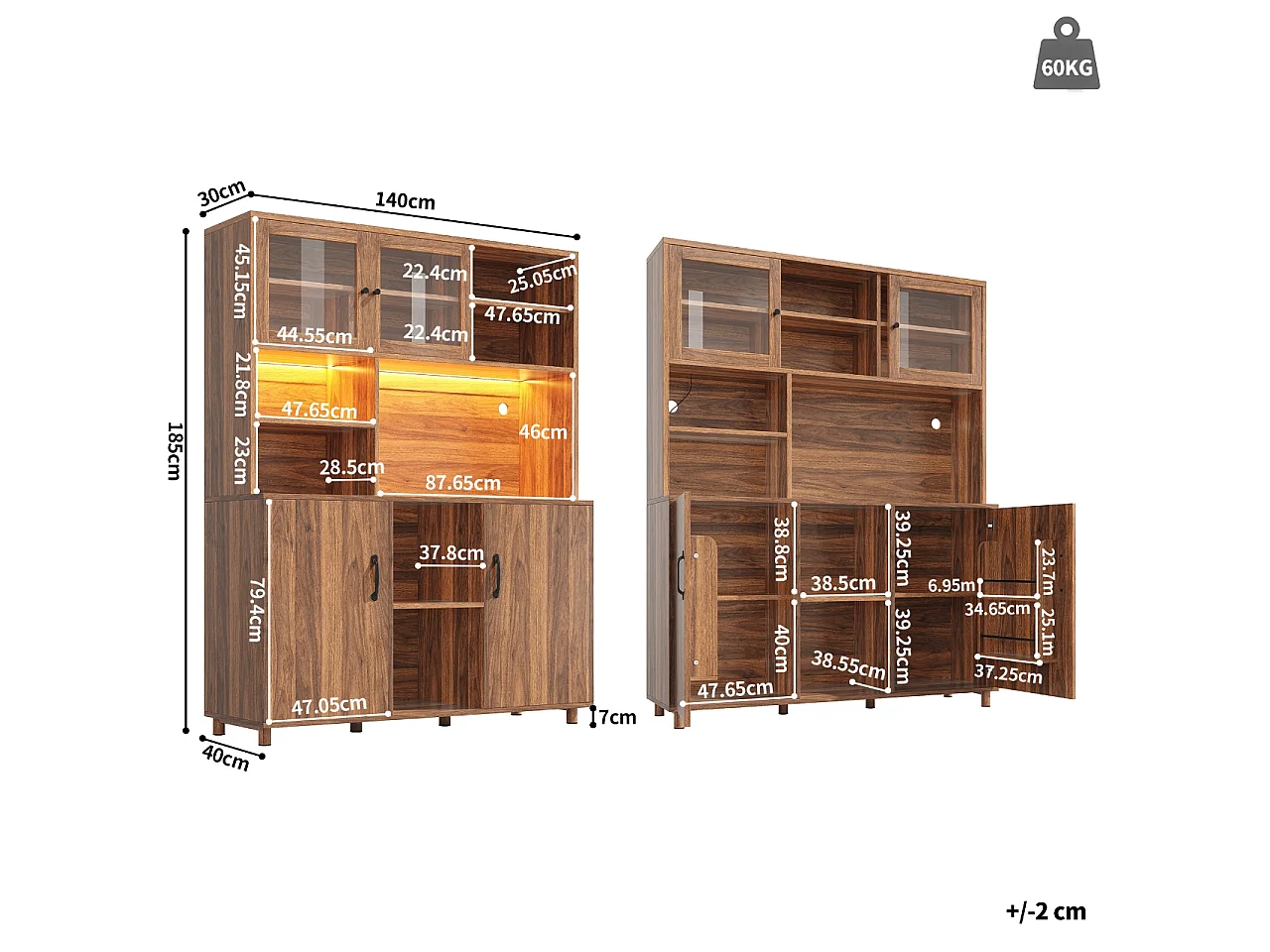 Buffet de cuisine 140x40x185cm - 2 portes - avec éclairage LED - meuble haut - buffet polyvalent - Marron