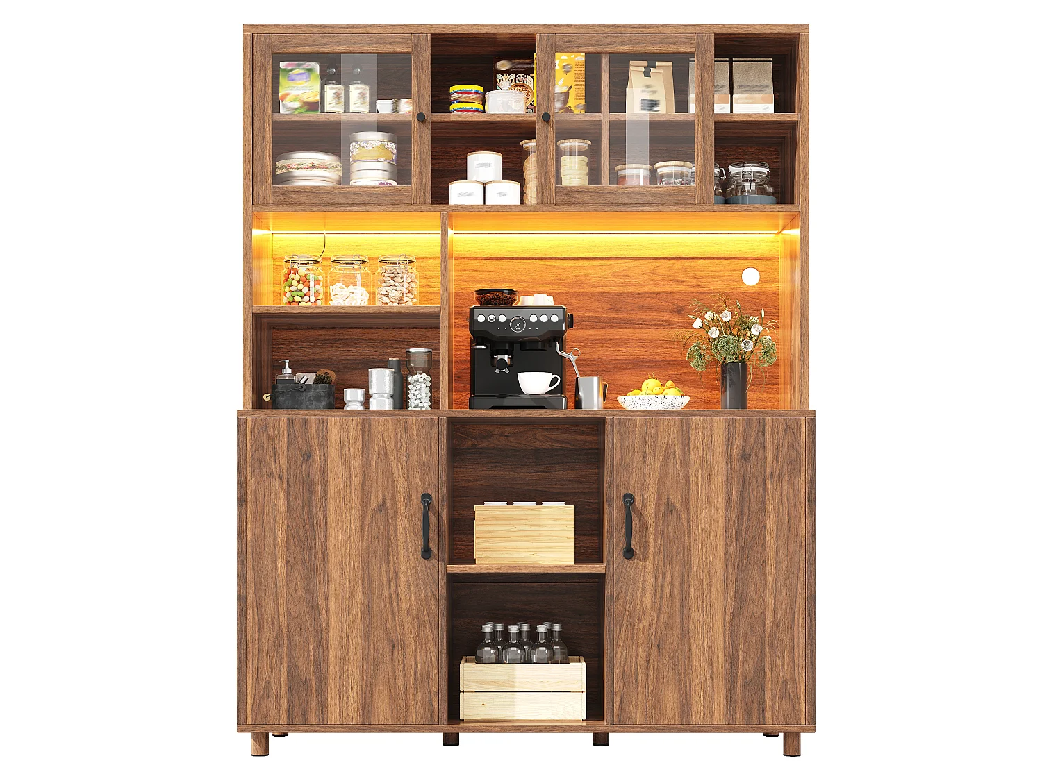Buffet de cuisine 140x40x185cm - 2 portes - avec éclairage LED - meuble haut - buffet polyvalent - Marron