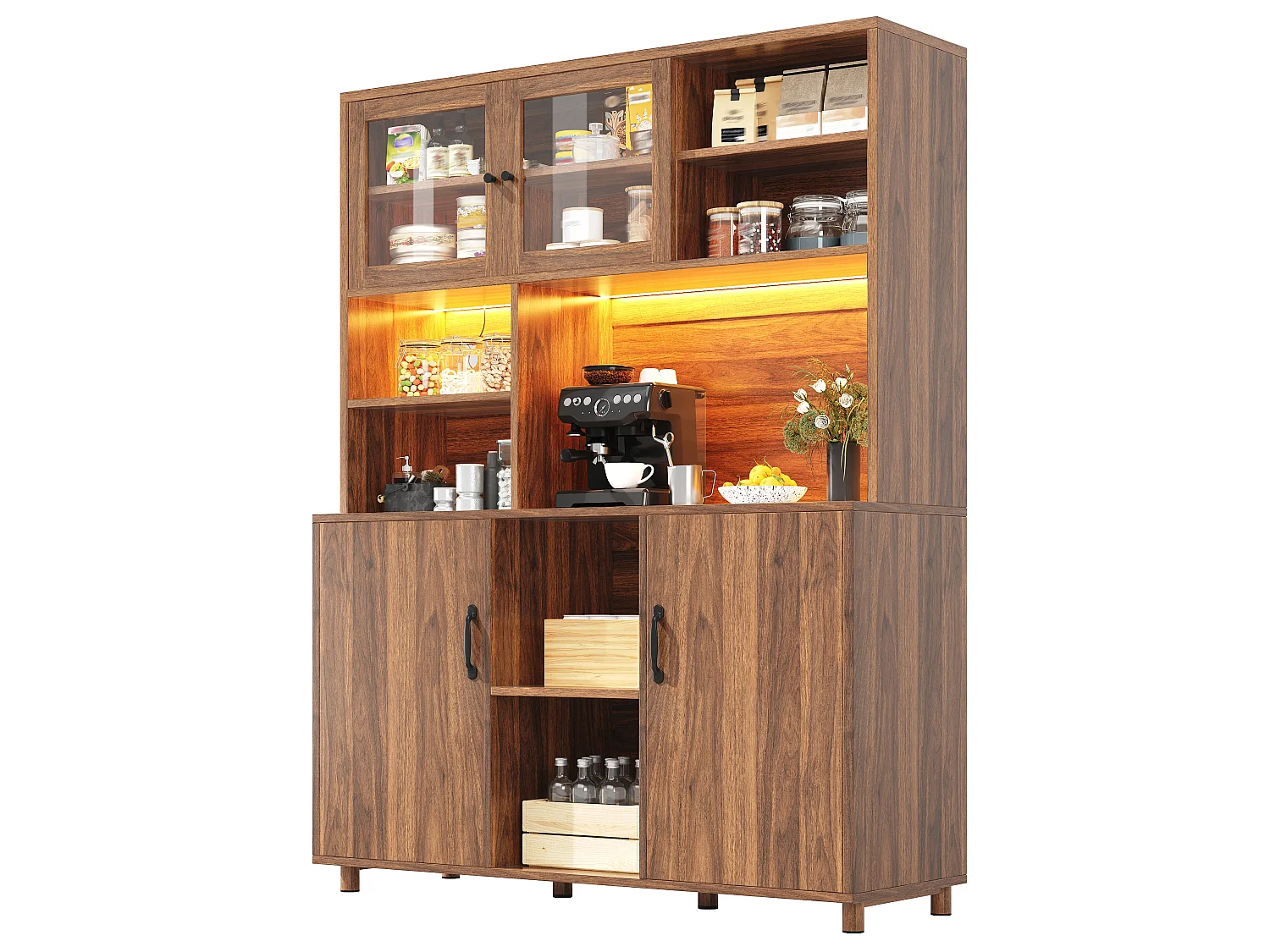 Buffet de cuisine 140x40x185cm - 2 portes - avec éclairage LED - meuble haut - buffet polyvalent - Marron