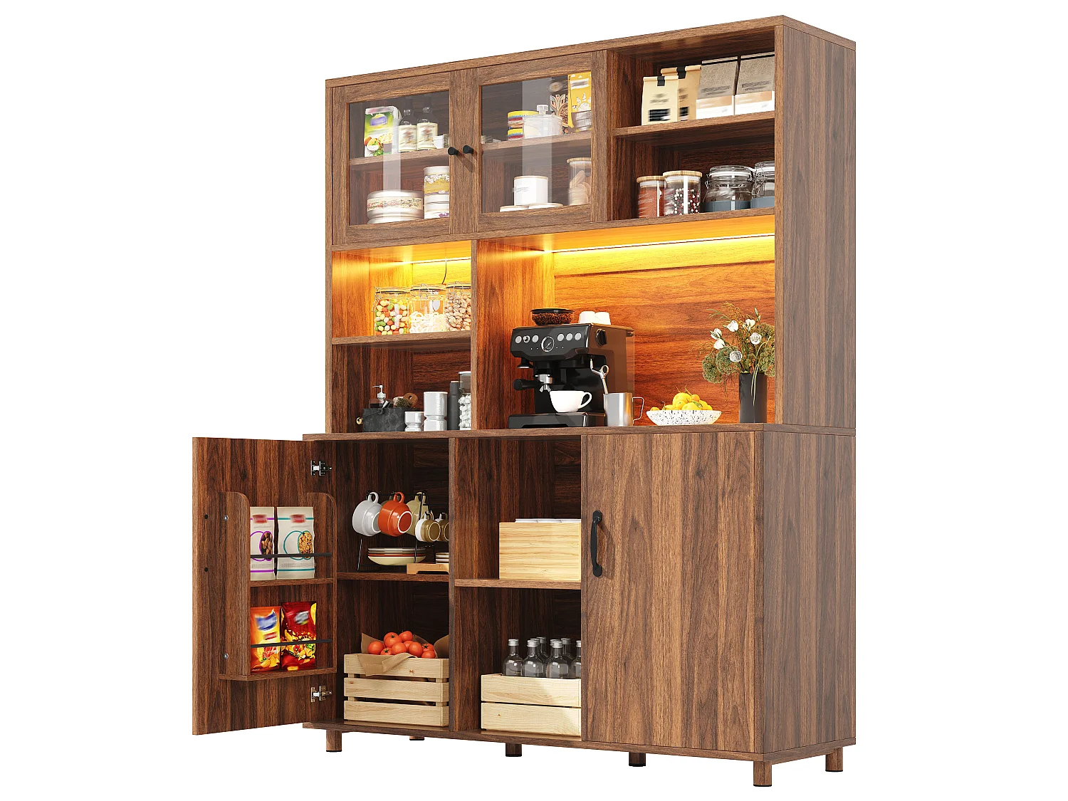 Buffet de cuisine 140x40x185cm - 2 portes - avec éclairage LED - meuble haut - buffet polyvalent - Marron