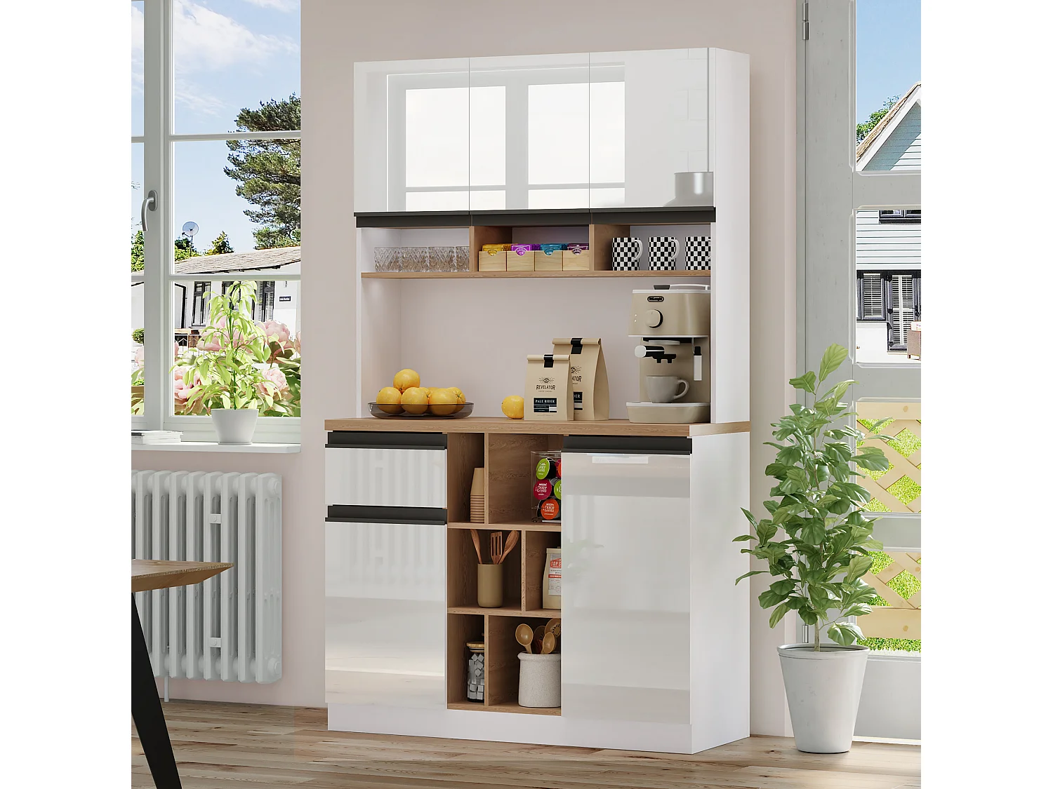 Modern kitchen sideboard 105x45x185cm - 5 doors - adjustable shelves - open storage - white and natural