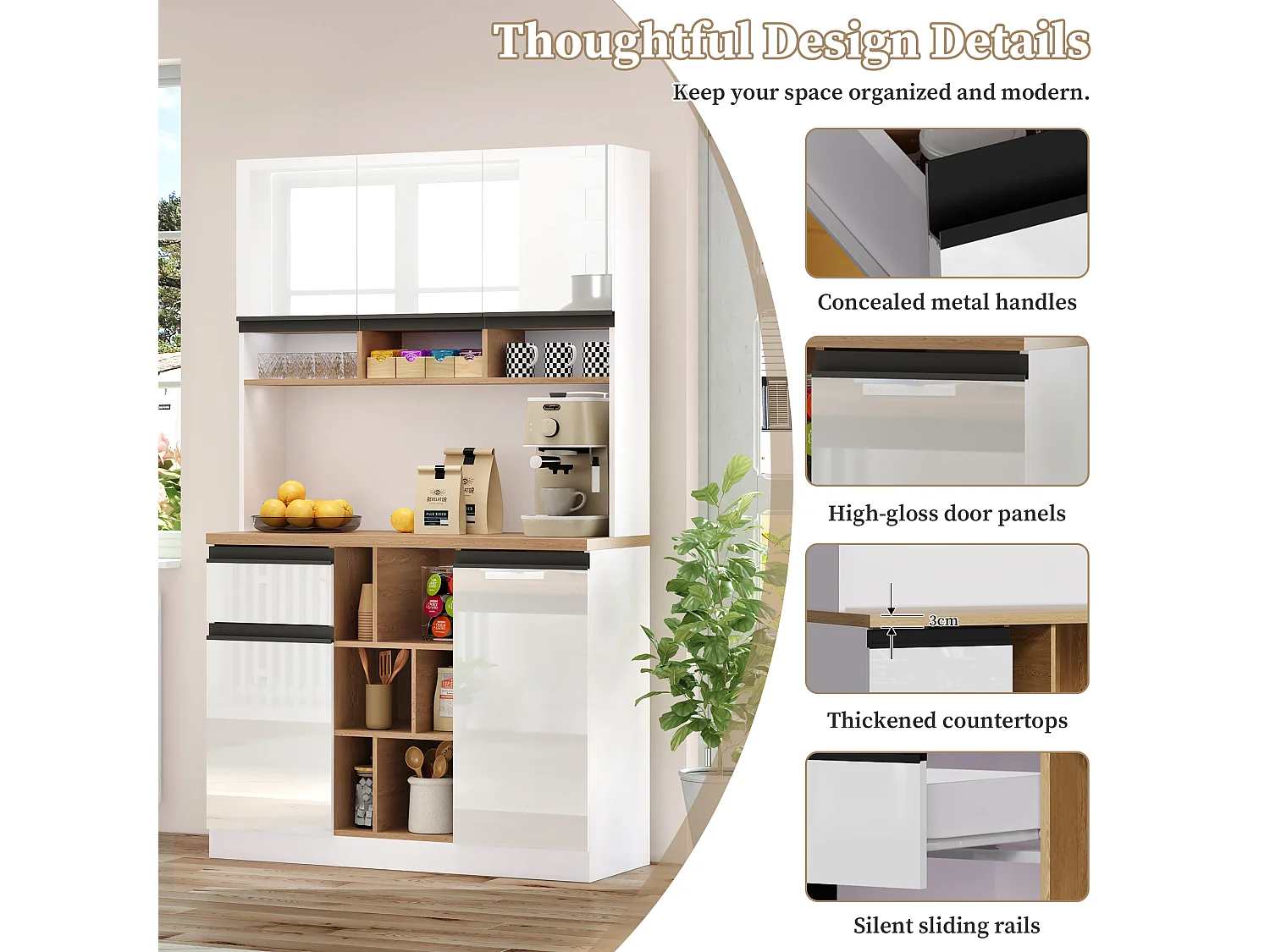 Modern kitchen sideboard 105x45x185cm - 5 doors - adjustable shelves - open storage - white and natural