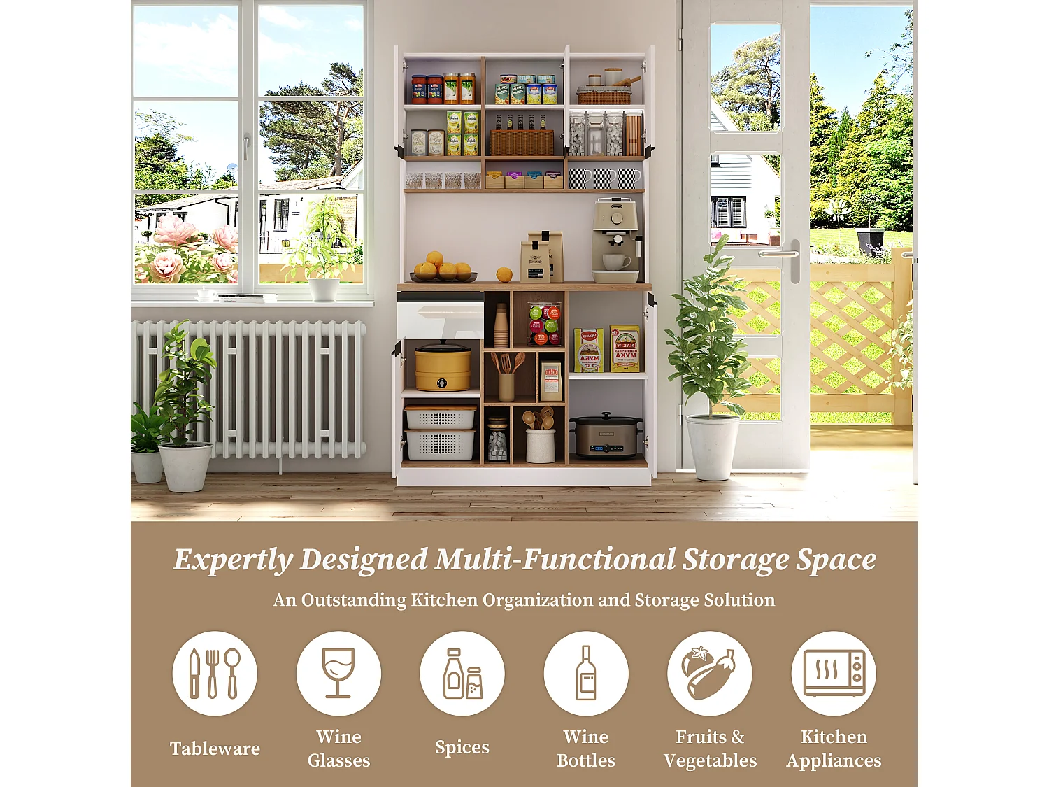 Modern kitchen sideboard 105x45x185cm - 5 doors - adjustable shelves - open storage - white and natural