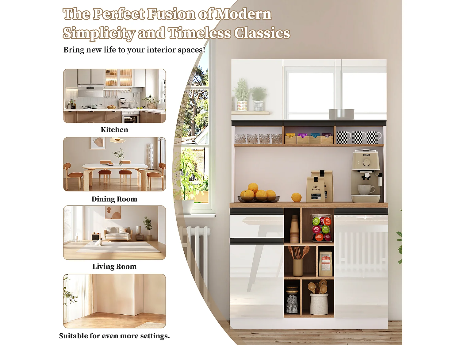 Modern kitchen sideboard 105x45x185cm - 5 doors - adjustable shelves - open storage - white and natural