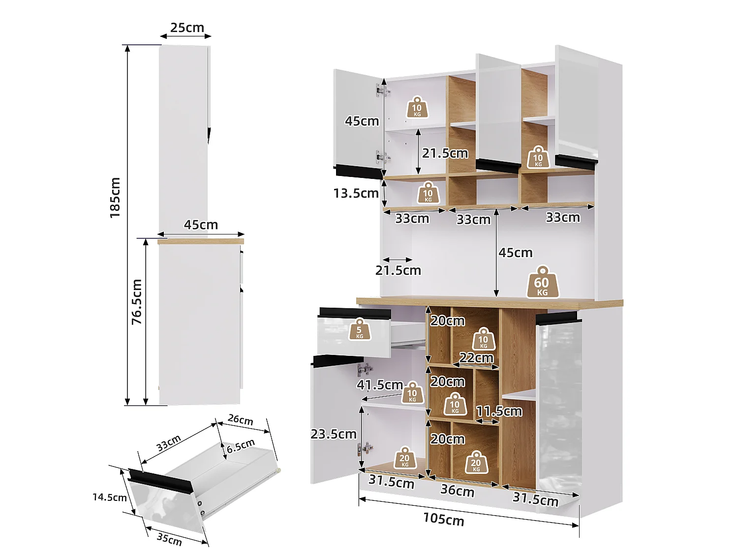 Modern kitchen sideboard 105x45x185cm - 5 doors - adjustable shelves - open storage - white and natural