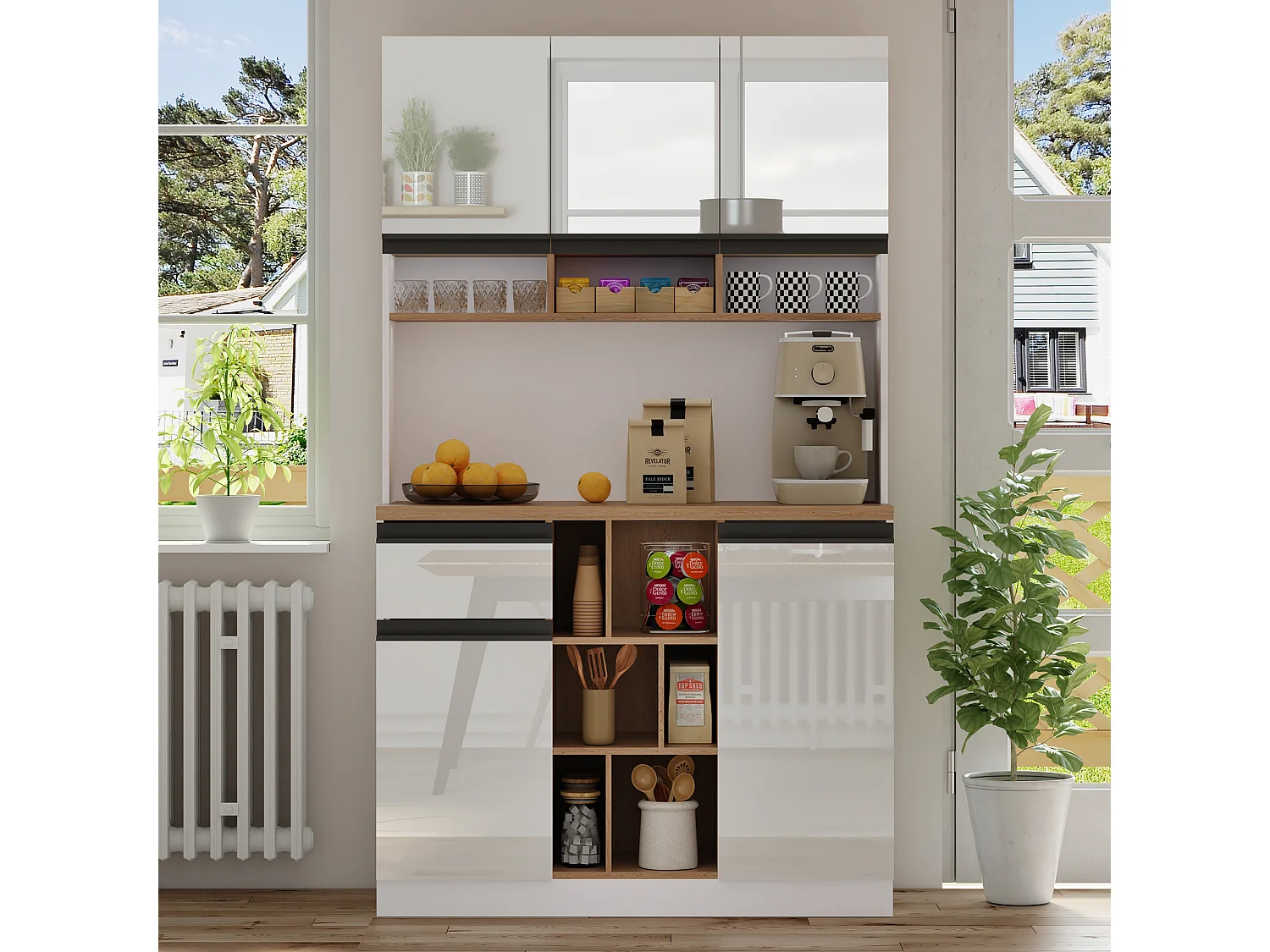 Modern kitchen sideboard 105x45x185cm - 5 doors - adjustable shelves - open storage - white and natural