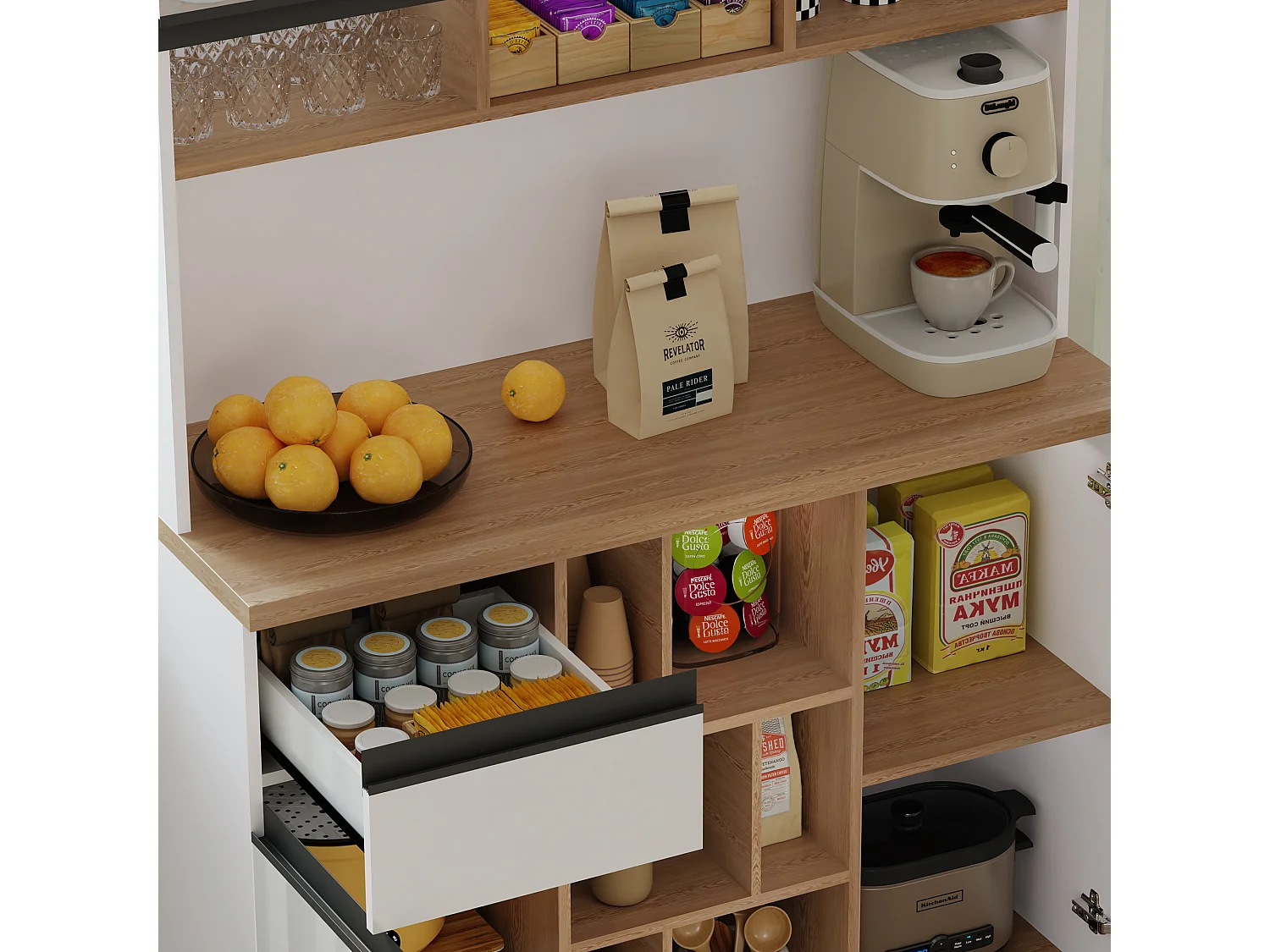 Modern kitchen sideboard 105x45x185cm - 5 doors - adjustable shelves - open storage - white and natural