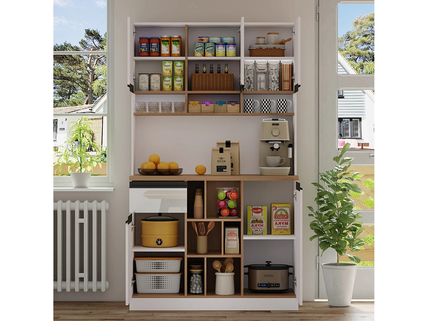 Modern kitchen sideboard 105x45x185cm - 5 doors - adjustable shelves - open storage - white and natural