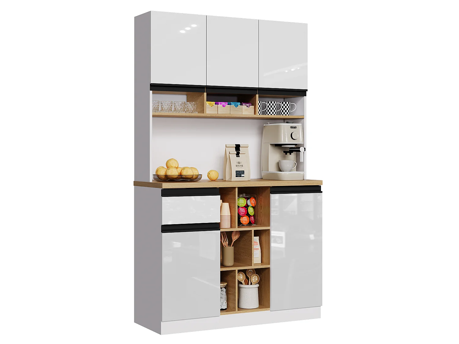 Modern kitchen sideboard 105x45x185cm - 5 doors - adjustable shelves - open storage - white and natural