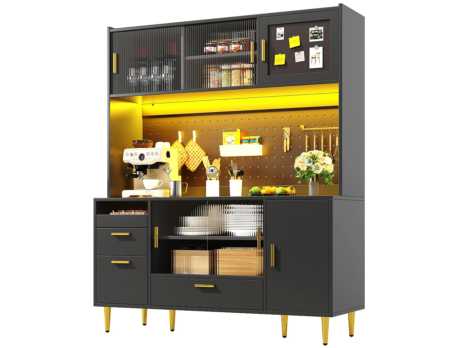 Buffet de Cuisine Haut 140x180cm, Vaisselier avec Portes Coulissantes en Verre, Panneau Perforé, Éclairage LED App - Noir