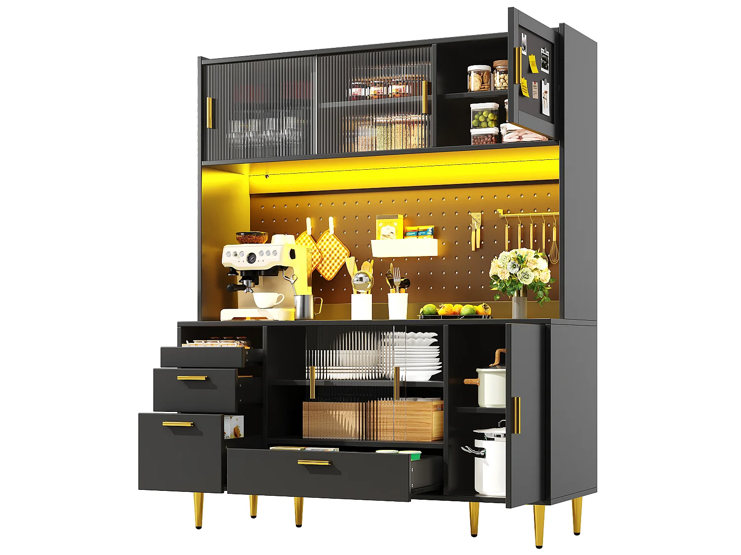 Buffet de Cuisine Haut 140x180cm, Vaisselier avec Portes Coulissantes en Verre, Panneau Perforé, Éclairage LED App - Noir