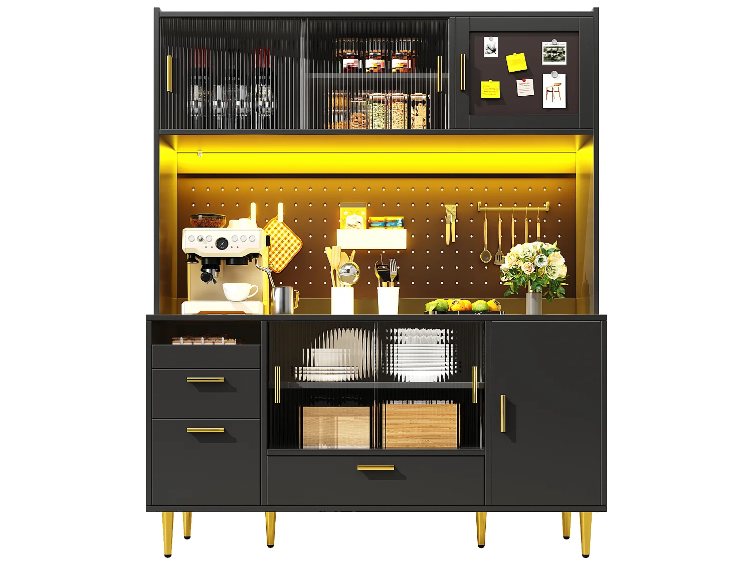 Buffet de Cuisine Haut 140x180cm, Vaisselier avec Portes Coulissantes en Verre, Panneau Perforé, Éclairage LED App - Noir