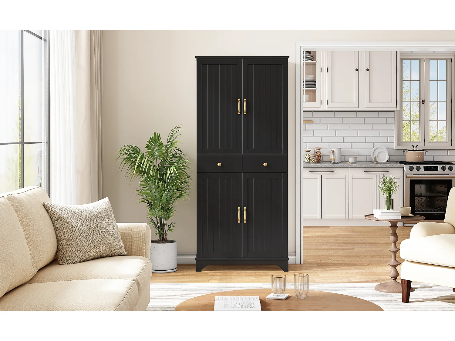 Armoire haute avec 2 tiroirs et étagères coulissantes - Noir