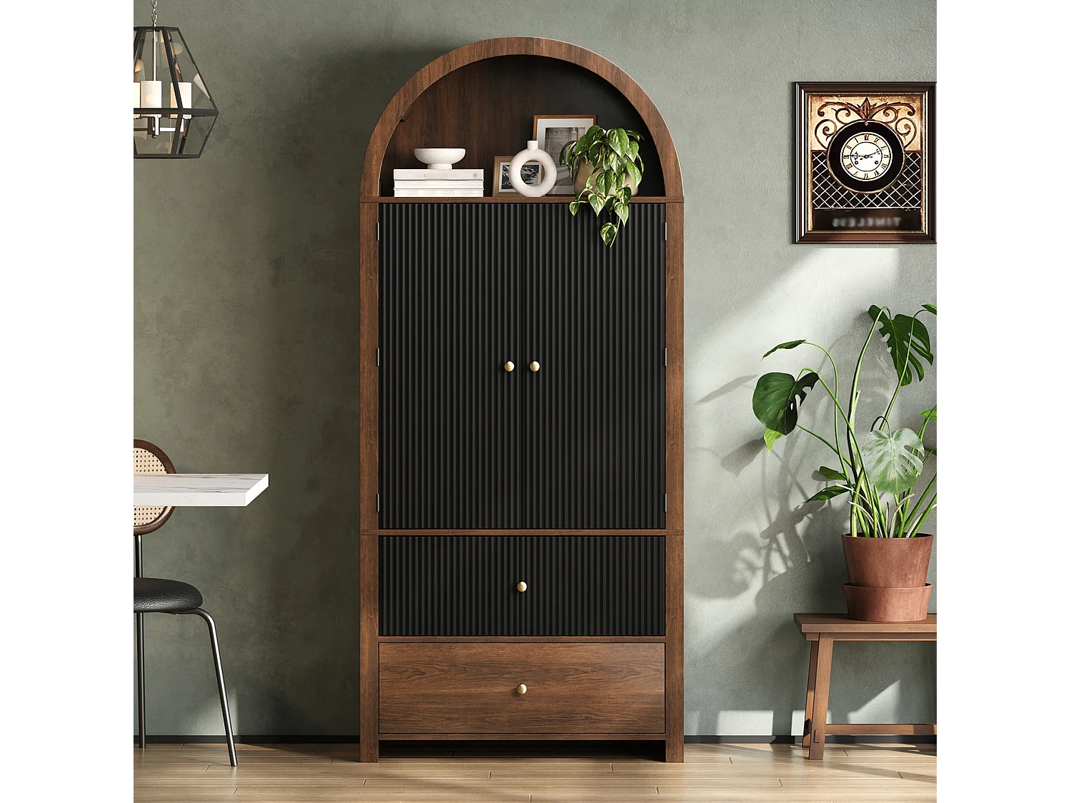Buffet de cuisine cintrée 80x40x180cm - avec 2 porte et 2 tiroirs - étagère supérieure ouverte - aspect grain de bois - Noir