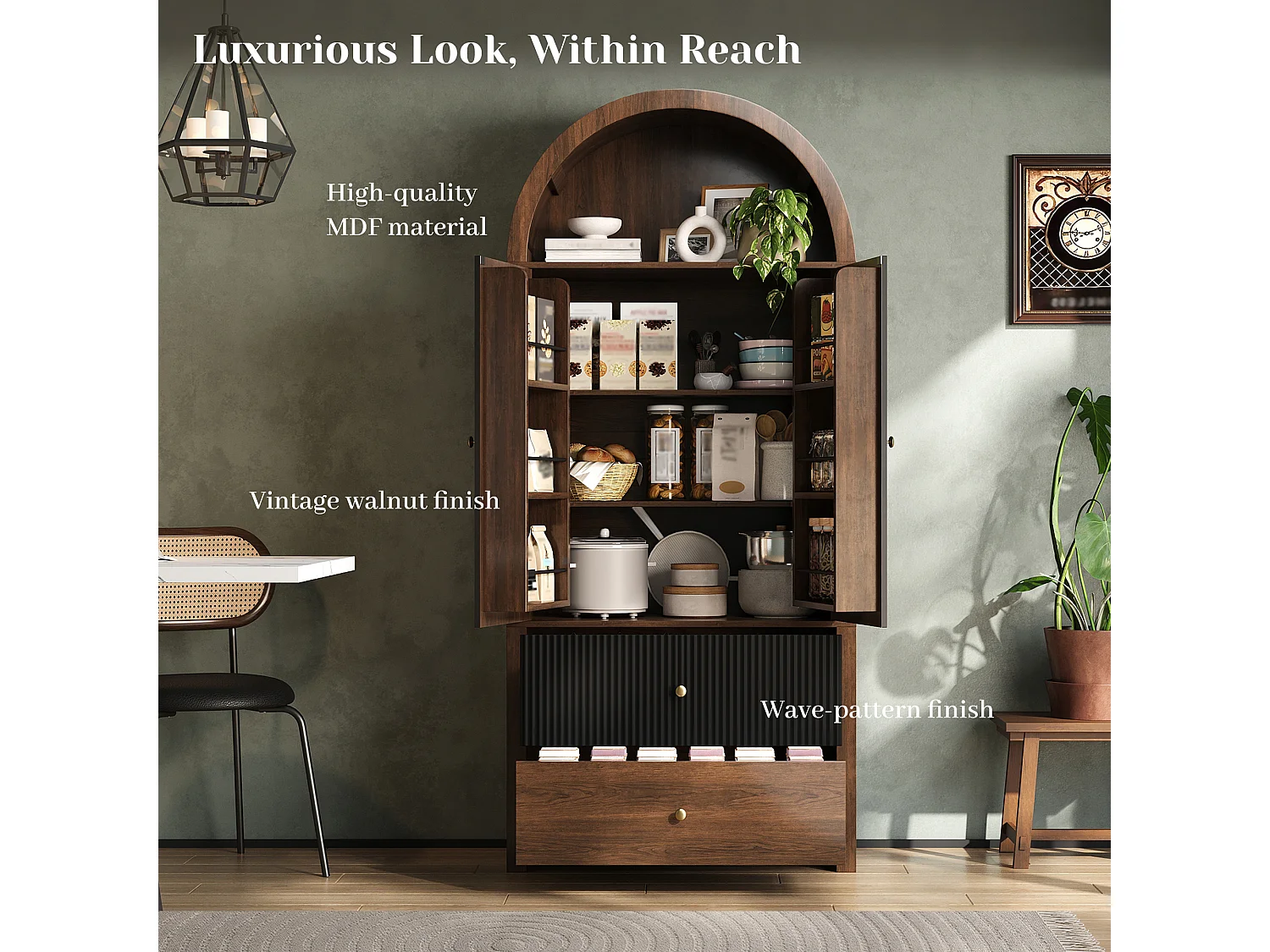Buffet de cuisine cintrée 80x40x180cm - avec 2 porte et 2 tiroirs - étagère supérieure ouverte - aspect grain de bois - Noir