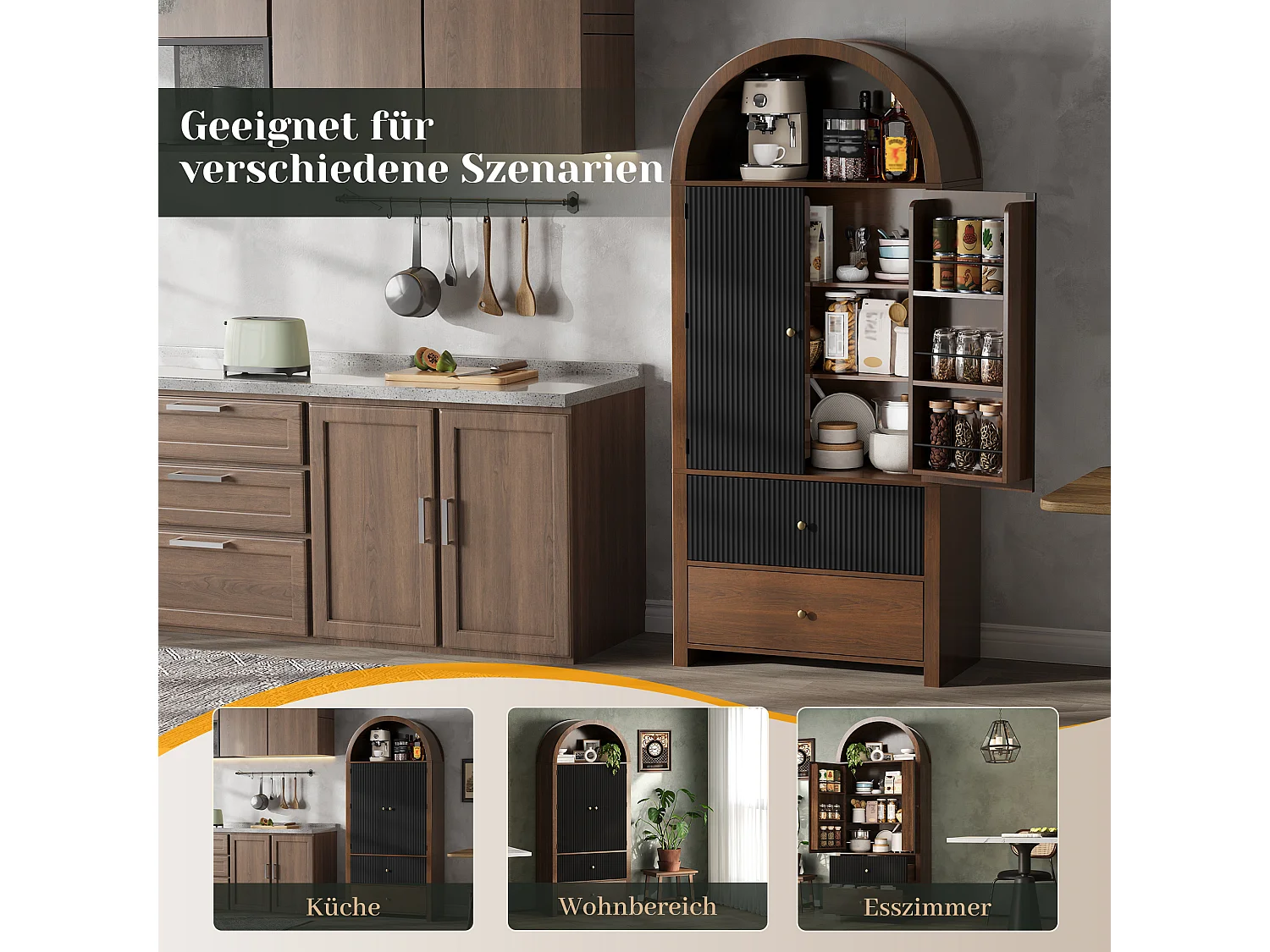 Buffet de cuisine cintrée 80x40x180cm - avec 2 porte et 2 tiroirs - étagère supérieure ouverte - aspect grain de bois - Noir
