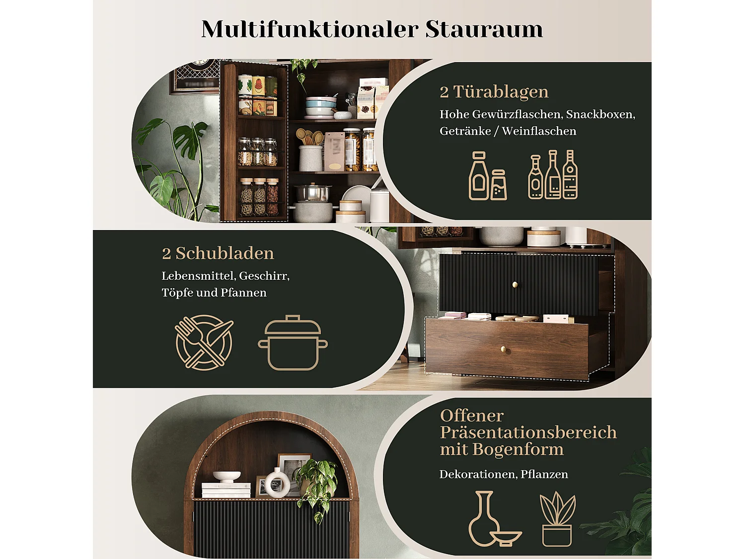Buffet de cuisine cintrée 80x40x180cm - avec 2 porte et 2 tiroirs - étagère supérieure ouverte - aspect grain de bois - Noir