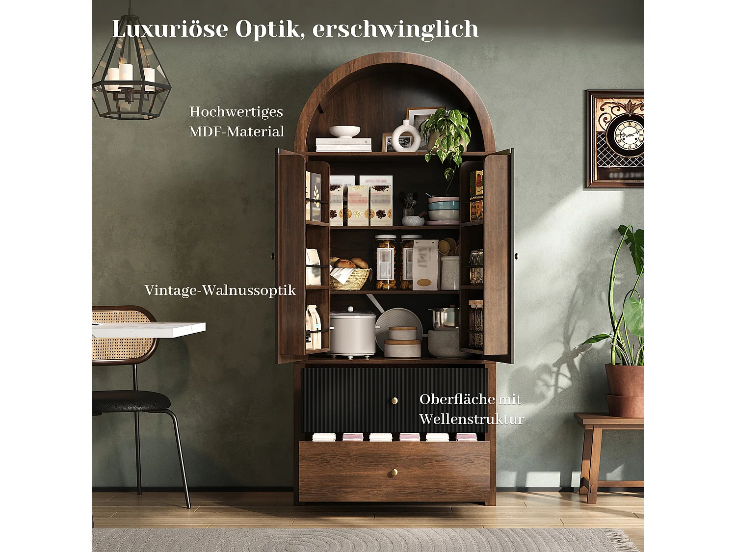 Buffet de cuisine cintrée 80x40x180cm - avec 2 porte et 2 tiroirs - étagère supérieure ouverte - aspect grain de bois - Noir