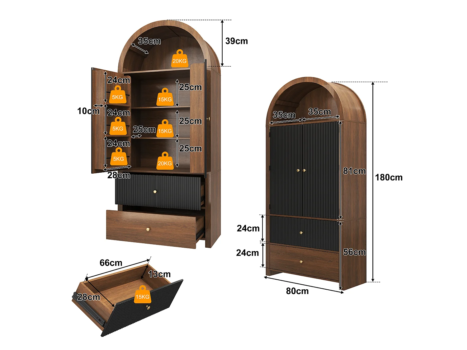 Buffet de cuisine cintrée 80x40x180cm - avec 2 porte et 2 tiroirs - étagère supérieure ouverte - aspect grain de bois - Noir