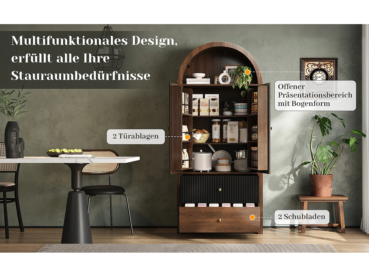 Buffet de cuisine cintrée 80x40x180cm - avec 2 porte et 2 tiroirs - étagère supérieure ouverte - aspect grain de bois - Noir