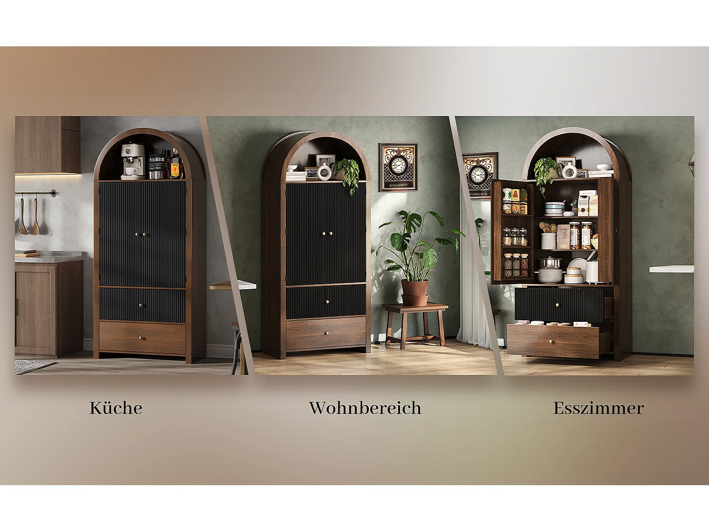 Buffet de cuisine cintrée 80x40x180cm - avec 2 porte et 2 tiroirs - étagère supérieure ouverte - aspect grain de bois - Noir