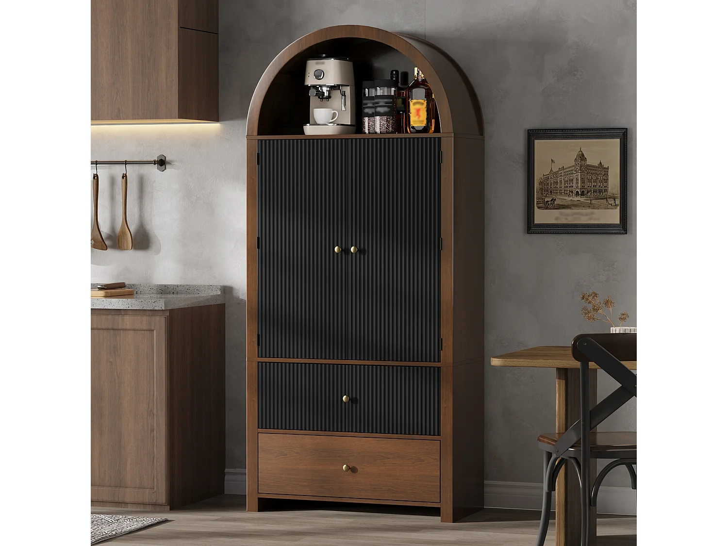 Buffet de cuisine cintrée 80x40x180cm - avec 2 porte et 2 tiroirs - étagère supérieure ouverte - aspect grain de bois - Noir