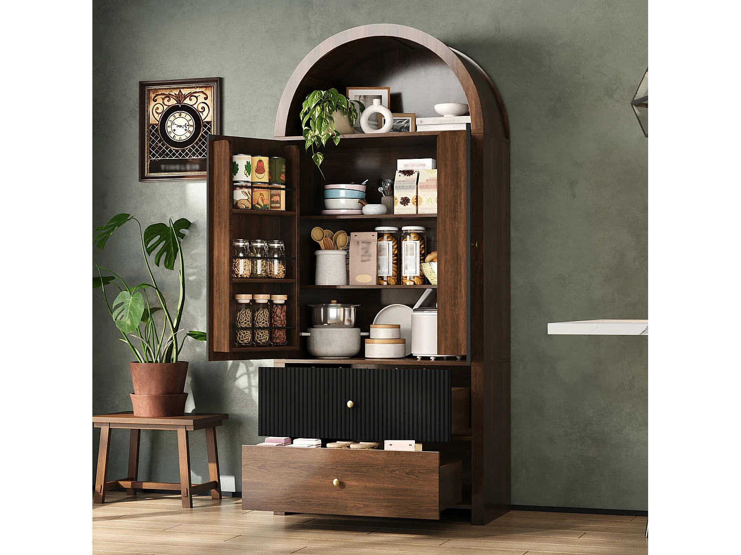 Buffet de cuisine cintrée 80x40x180cm - avec 2 porte et 2 tiroirs - étagère supérieure ouverte - aspect grain de bois - Noir