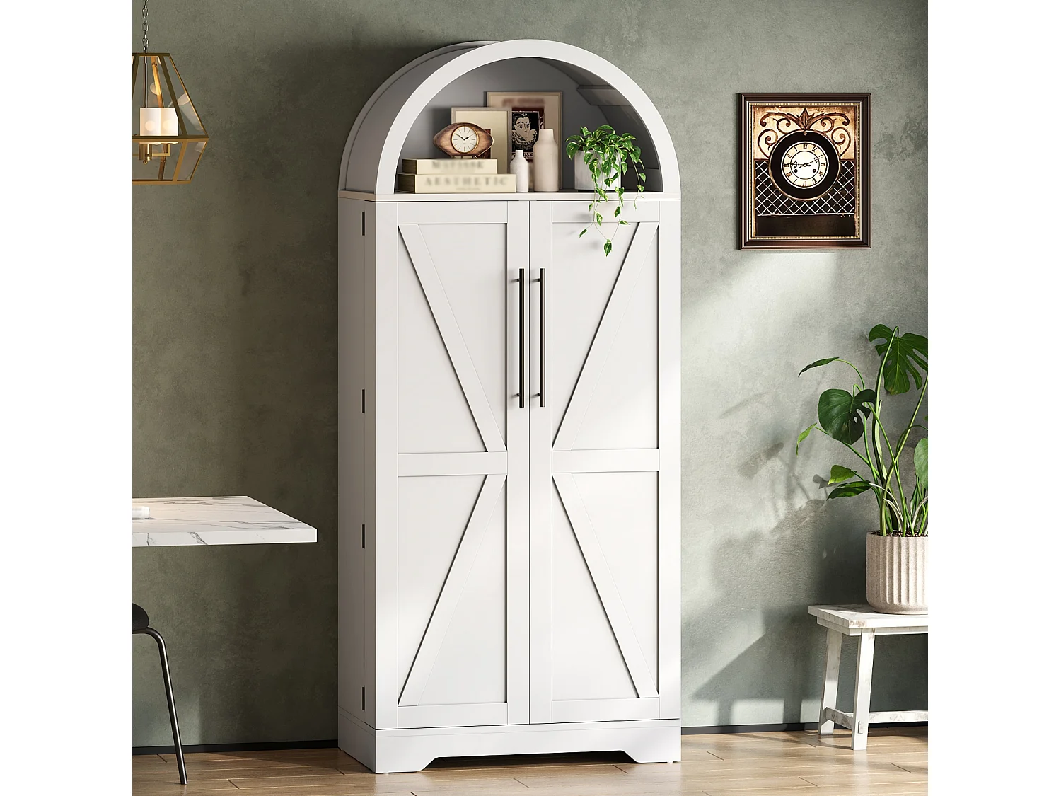 Curved kitchen sideboard 70x40x165 cm - with 2 doors - upper open shelf - country style - White