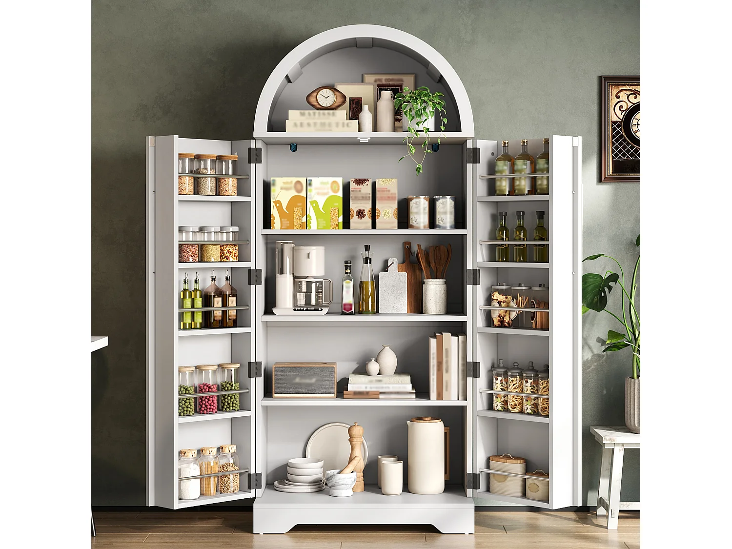 Curved kitchen sideboard 70x40x165 cm - with 2 doors - upper open shelf - country style - White