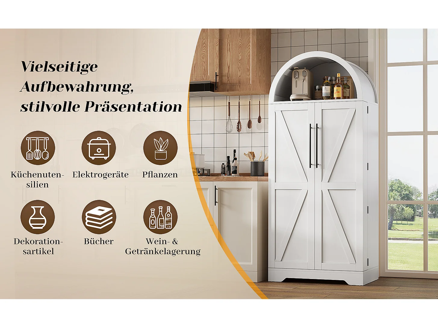Curved kitchen sideboard 70x40x165 cm - with 2 doors - upper open shelf - country style - White