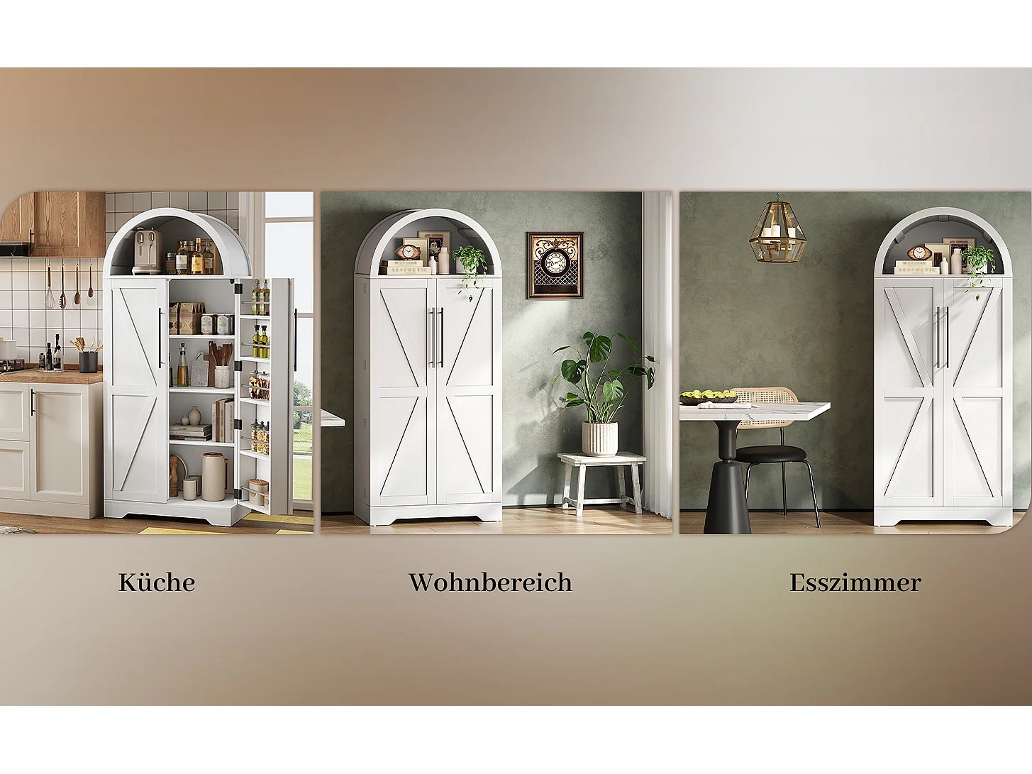 Curved kitchen sideboard 70x40x165 cm - with 2 doors - upper open shelf - country style - White