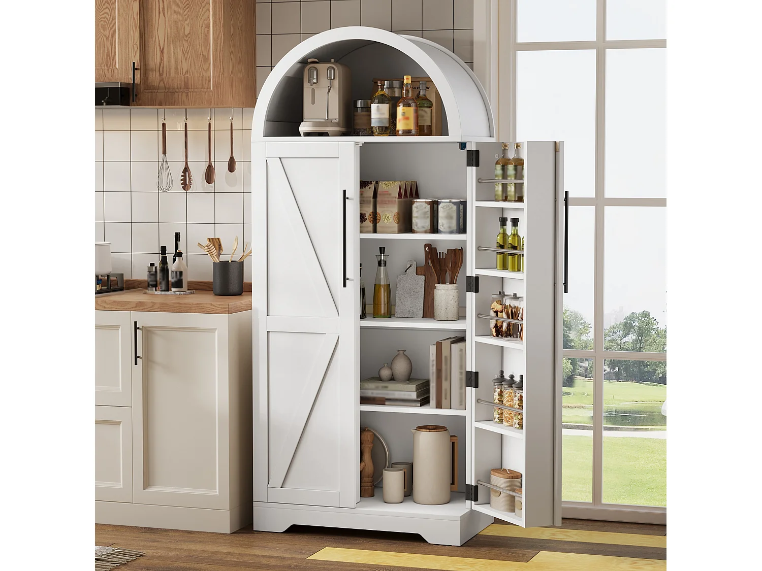 Curved kitchen sideboard 70x40x165 cm - with 2 doors - upper open shelf - country style - White