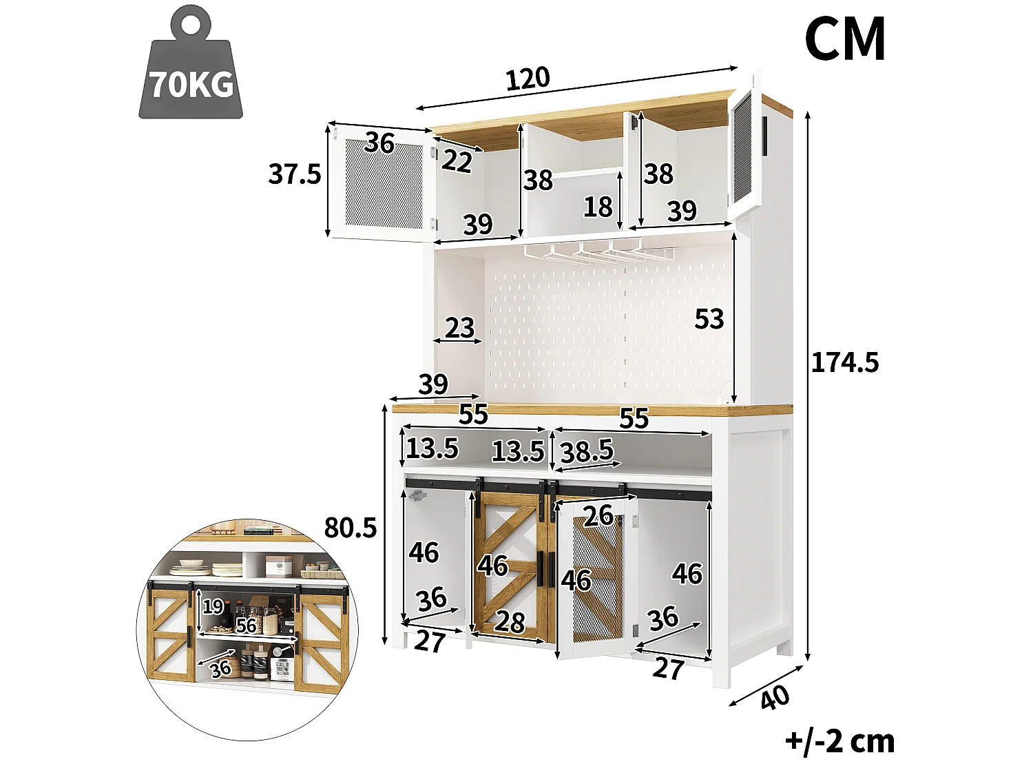 Kredens kuchenny 120x40x174,5 cm - z drzwiami przesuwnymi, portem USB, perforowanym panelem i oświetleniem LED - Biały