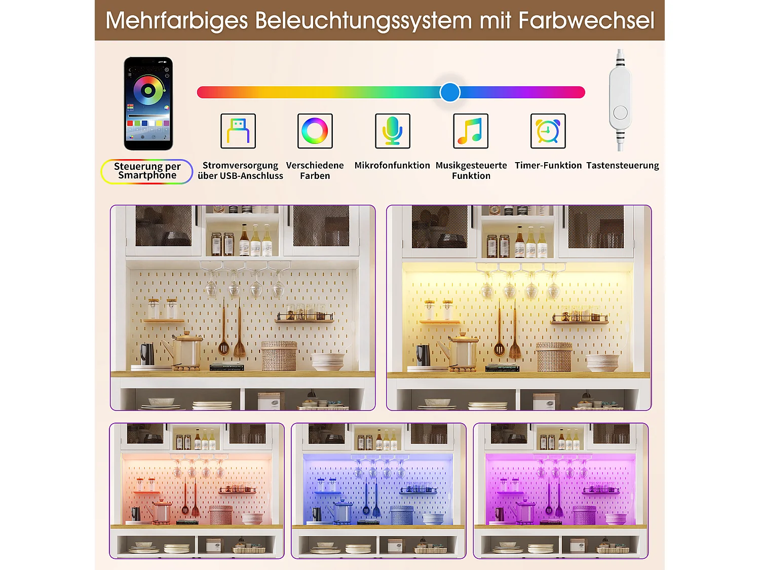Kredens kuchenny 120x40x174,5 cm - z drzwiami przesuwnymi, portem USB, perforowanym panelem i oświetleniem LED - Biały