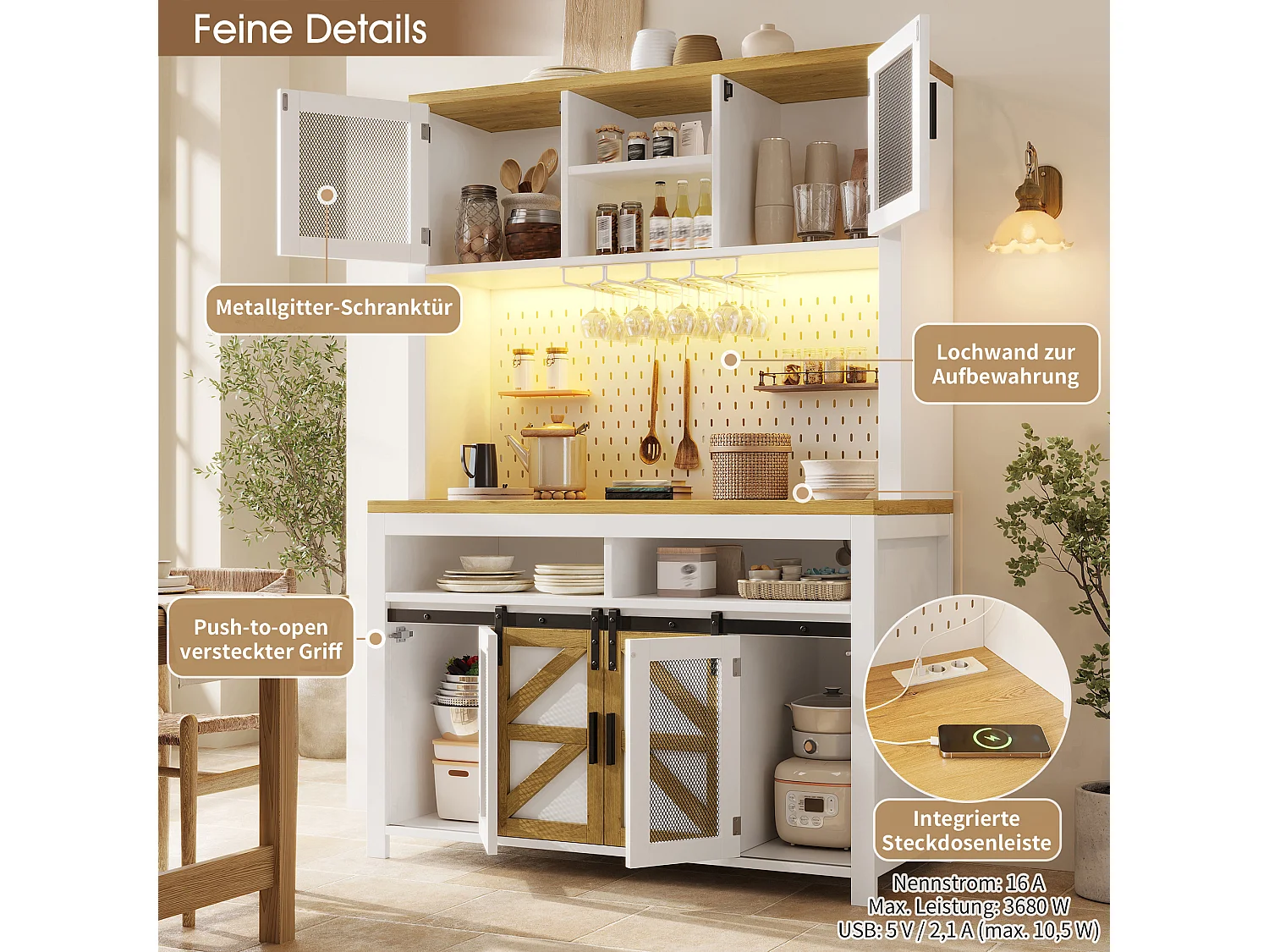 Kredens kuchenny 120x40x174,5 cm - z drzwiami przesuwnymi, portem USB, perforowanym panelem i oświetleniem LED - Biały