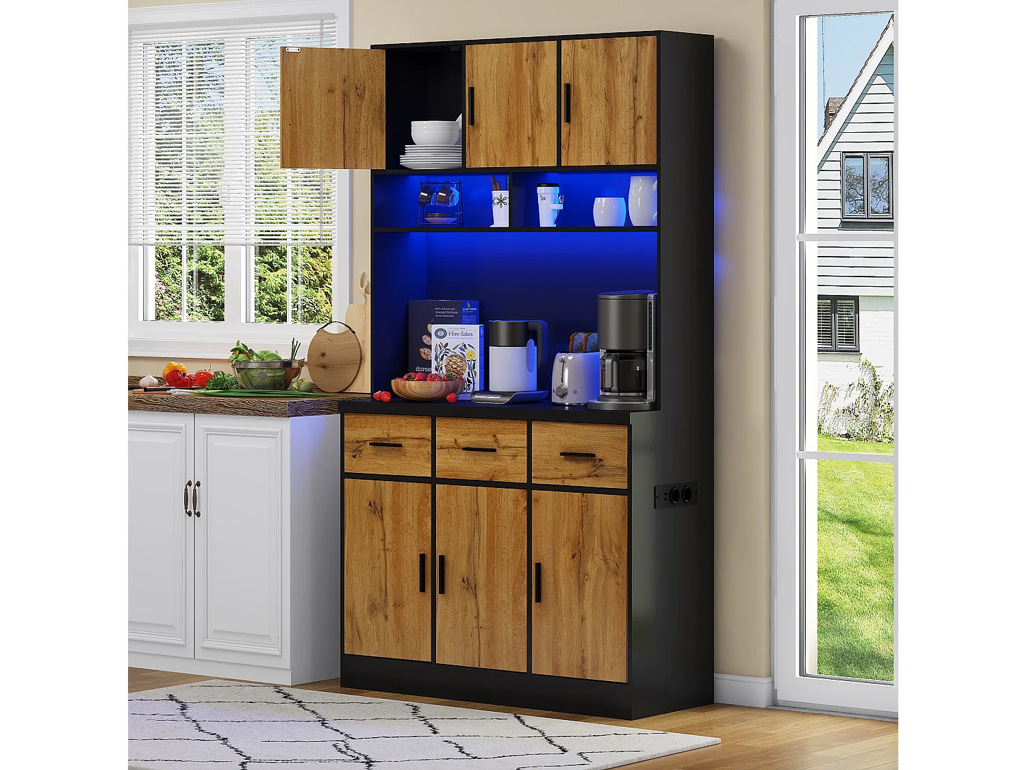 Kitchen sideboard with LED lighting - 6 doors, 3 drawers and 3 open compartments - Natural