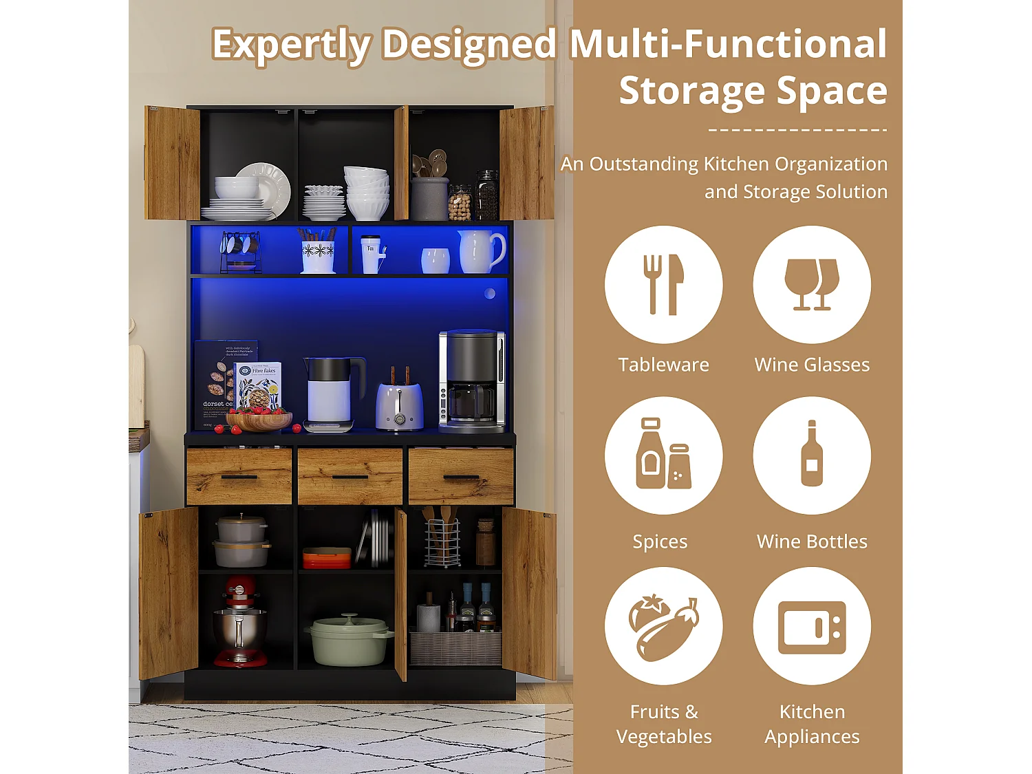 Kitchen sideboard with LED lighting - 6 doors, 3 drawers and 3 open compartments - Natural