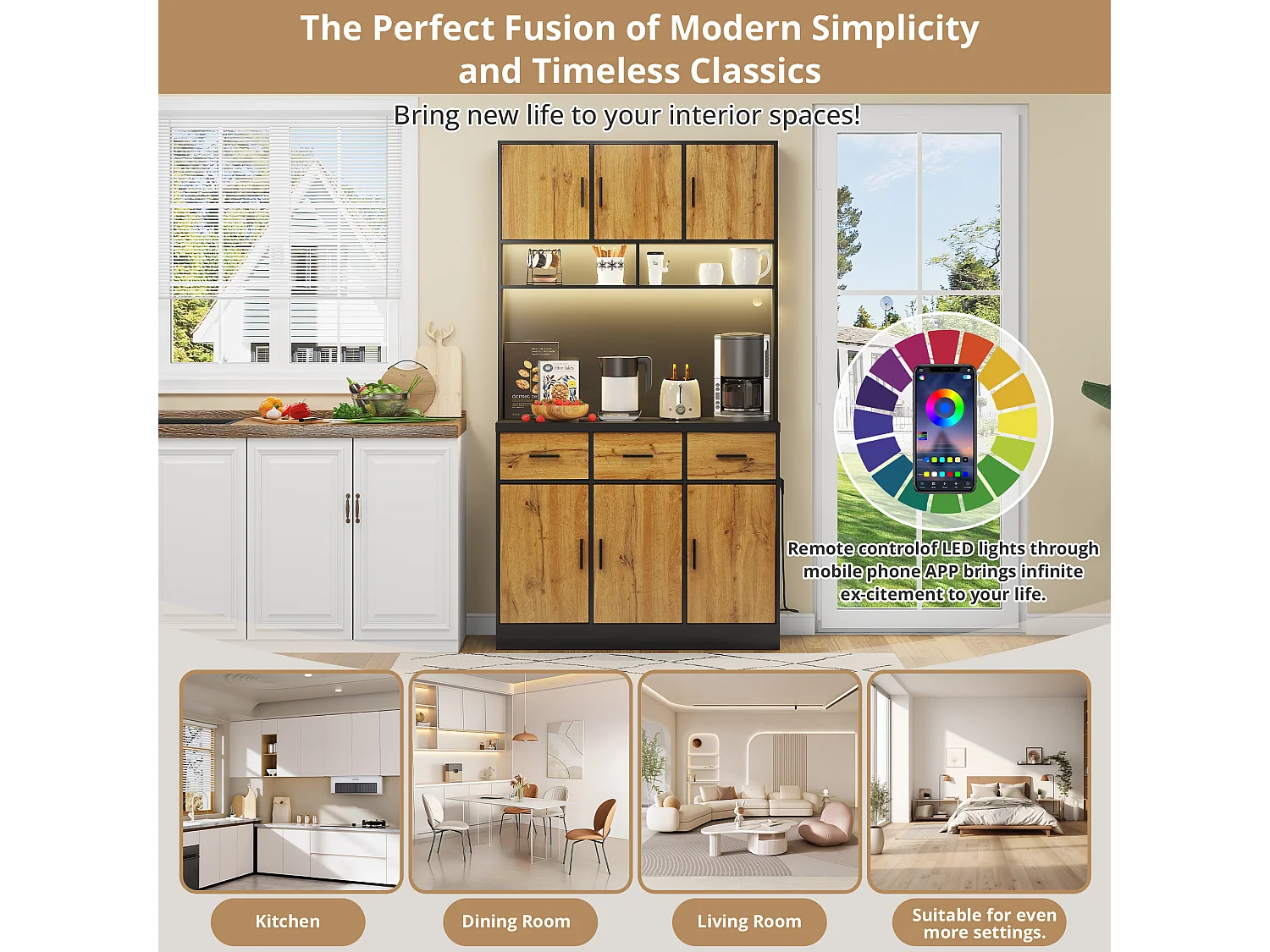 Kitchen sideboard with LED lighting - 6 doors, 3 drawers and 3 open compartments - Natural