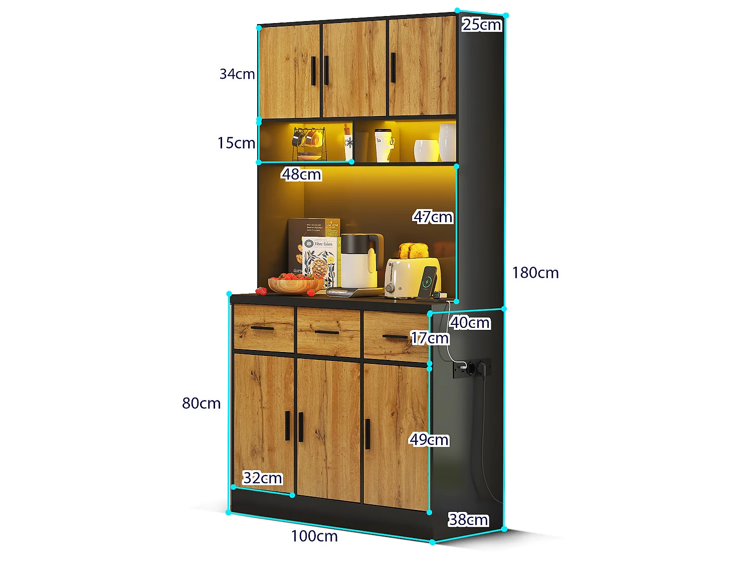 Kitchen sideboard with LED lighting - 6 doors, 3 drawers and 3 open compartments - Natural
